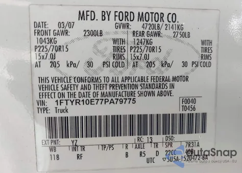 2007 Ford Ranger Xl/Xlt z USA, uszkodzony, nr VIN 1FTYR10E77PA79775